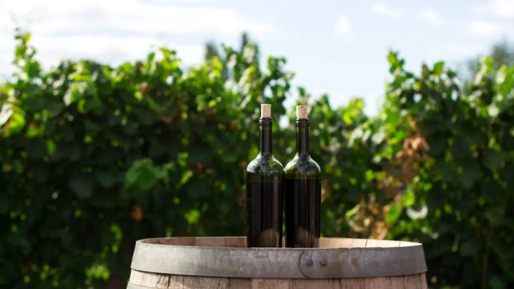 Two Dark Colored Corked Wine Bottles On A Wine Barrel.
